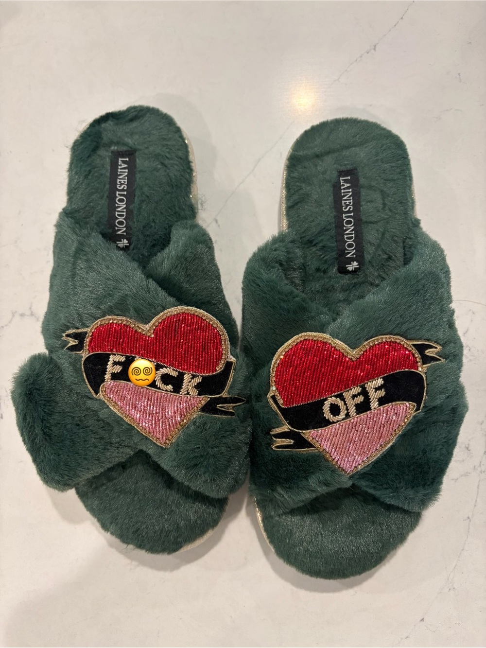 Laines London F*ck Off Heart Slippers Green Faux Fur Medium NEW